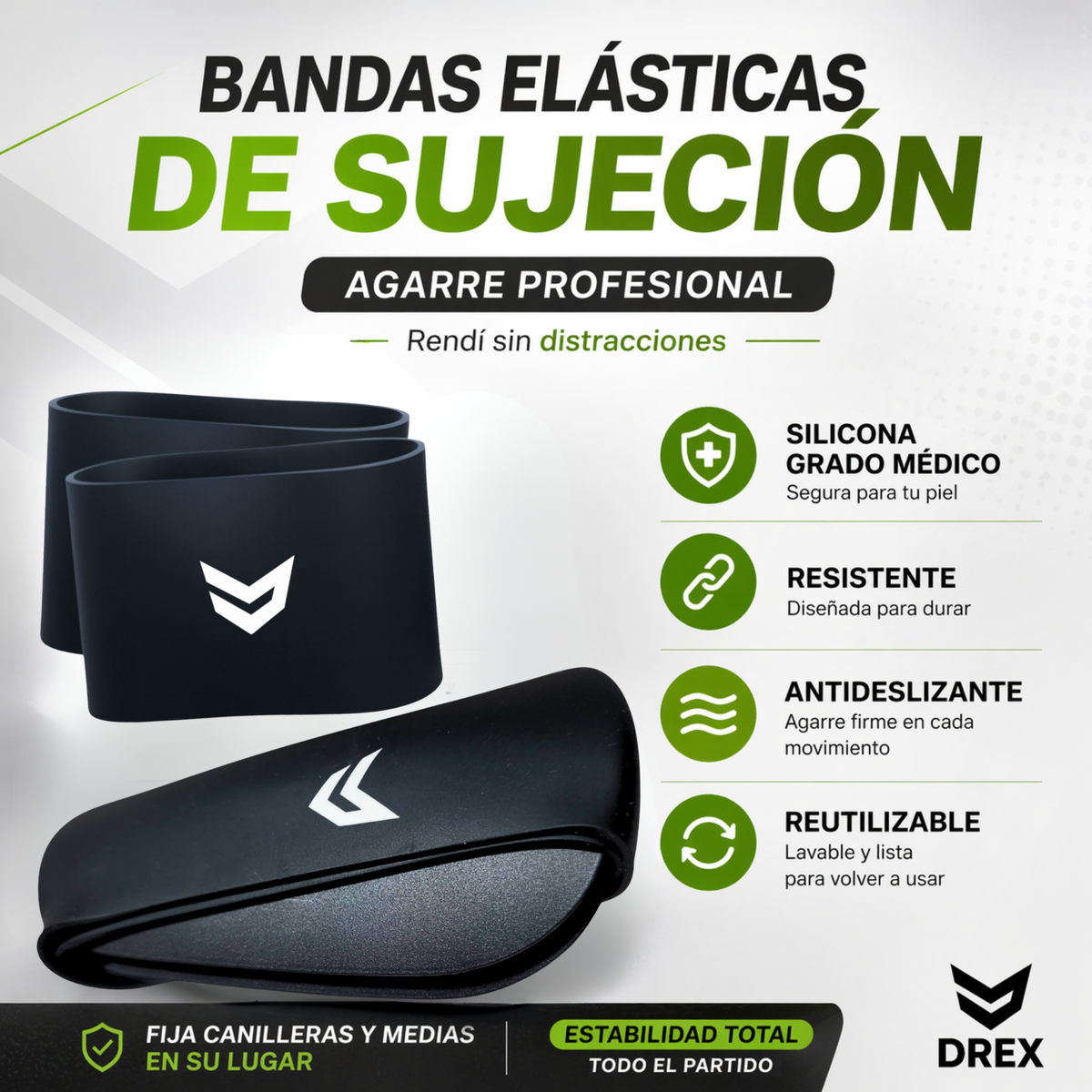 SET DREX Mini Canilleras de Fútbol + Bandas de Sujeción